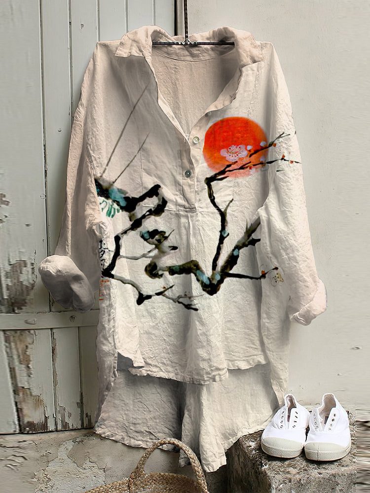 Vintage Japanese Art Cotton Linen Button V Neck Casual Shirt