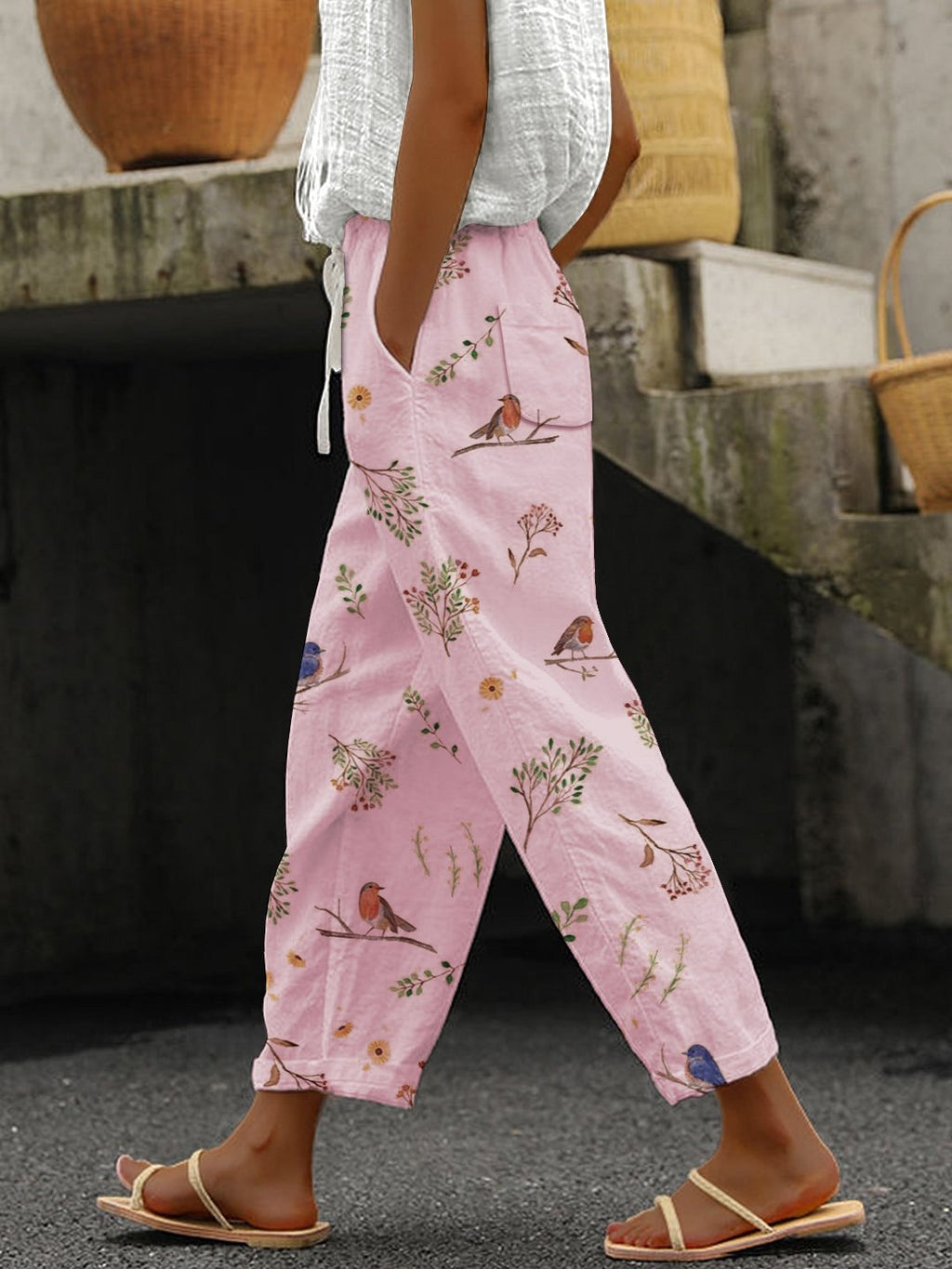 Women's Casual Cotton-Linen Trousers with Floral and Bird Print (With Pockets)