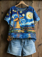 Women's Casual Oil Painting Cotton Linen Print Top