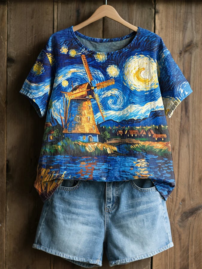 Women's Casual Oil Painting Cotton Linen Print Top