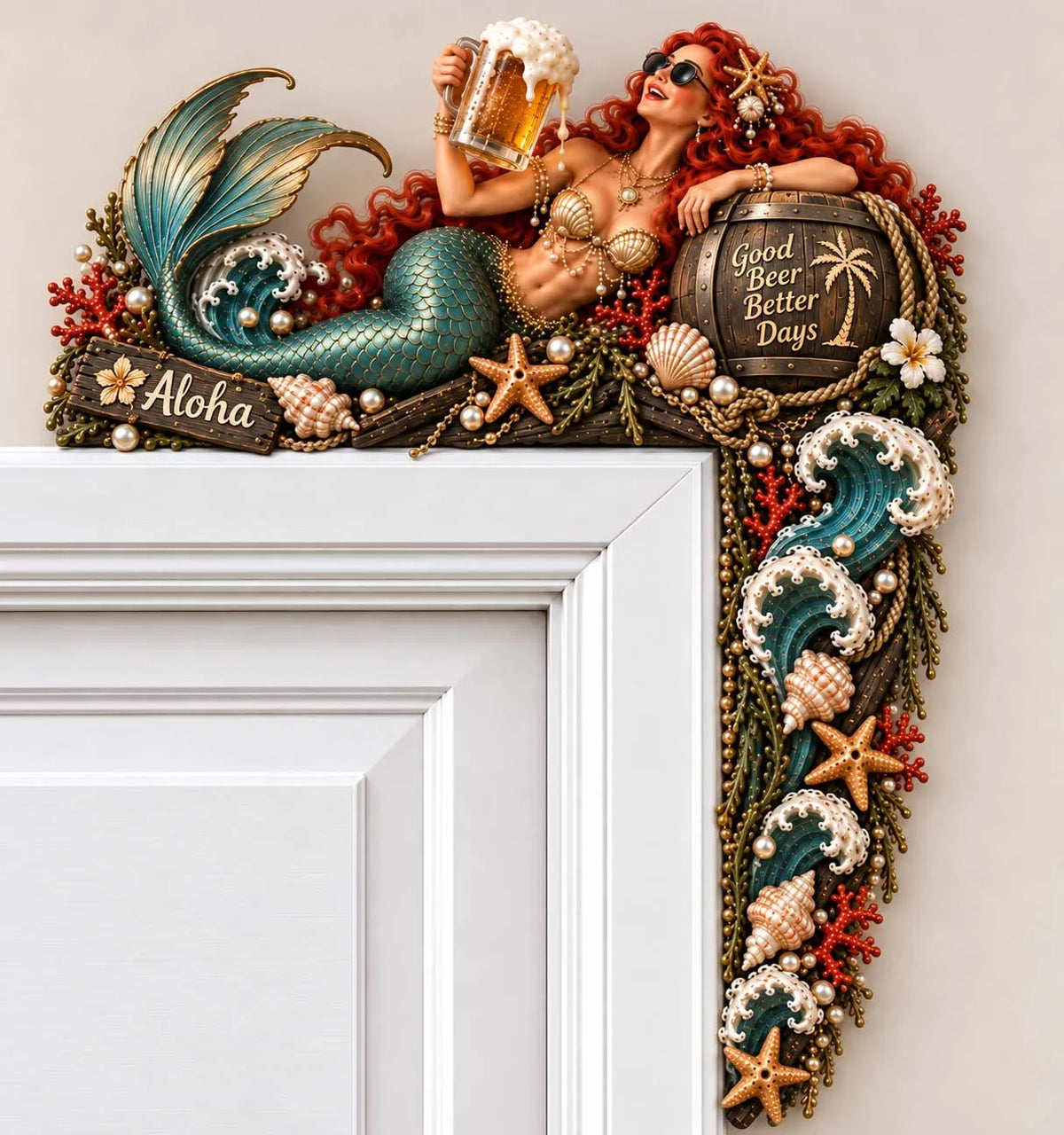 🍻 Good Beer Better Days Aloha Mermaid Holding Beer Door Corner Decor