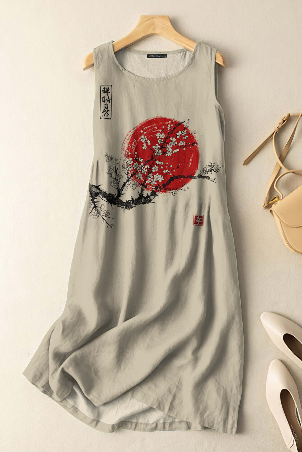 Vintage Japanese Ink Flower Sunrise Art Print Sleeveless Cotton And Linen Midi Dress