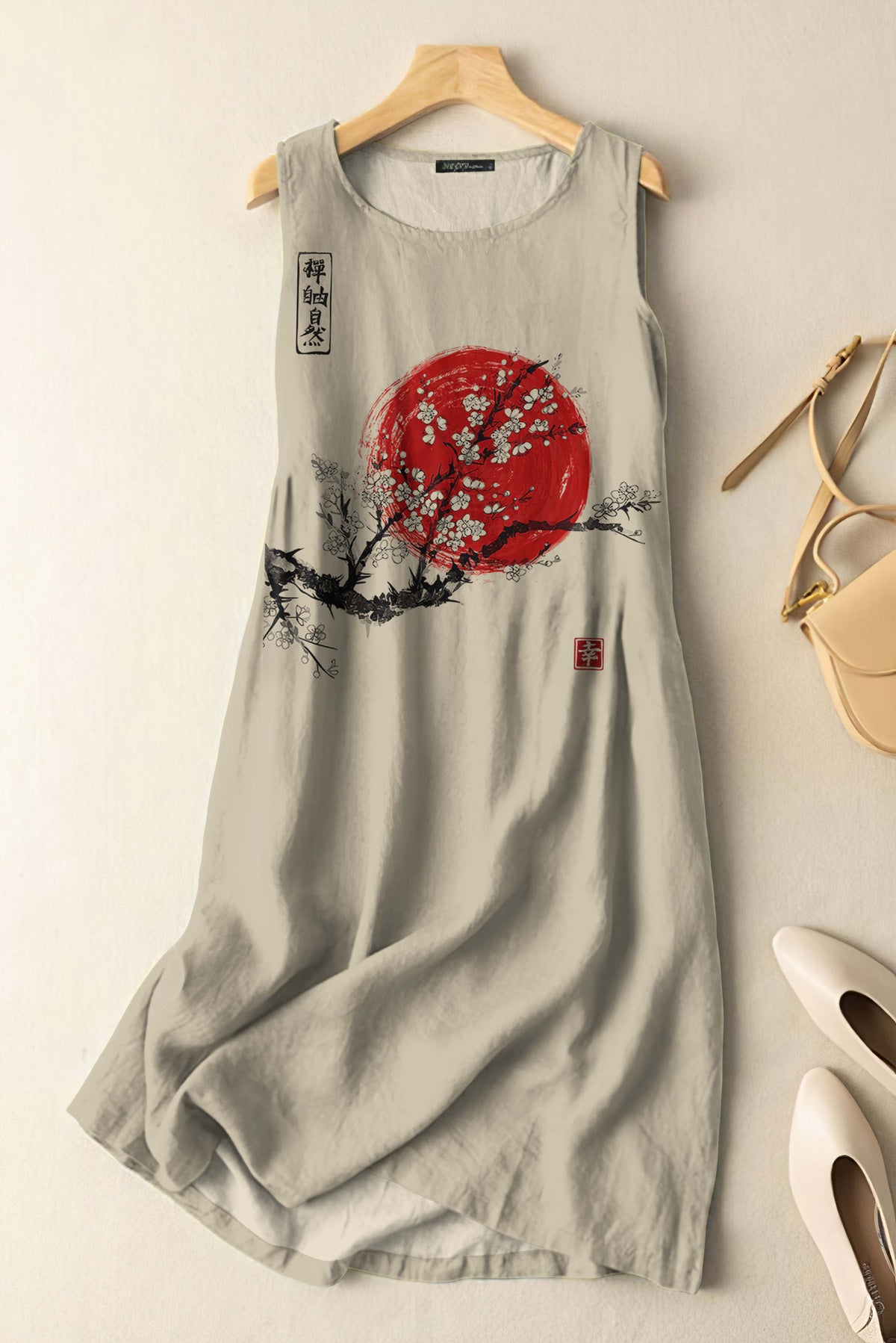 Vintage Japanese Ink Flower Sunrise Art Print Sleeveless Cotton And Linen Midi Dress