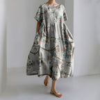 Floral Print Round Neck Short Sleeve Loose Midi Dress