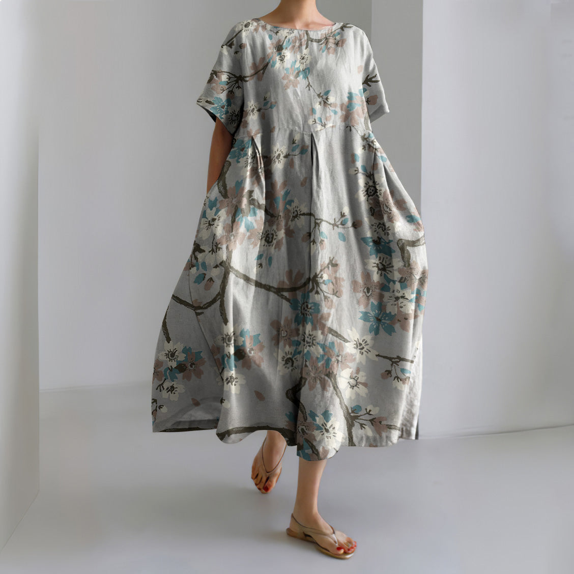 Floral Print Round Neck Short Sleeve Loose Midi Dress