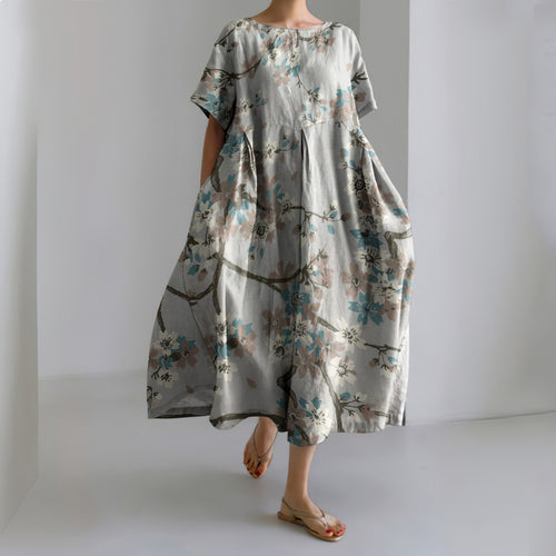 Floral Print Round Neck Short Sleeve Loose Midi Dress