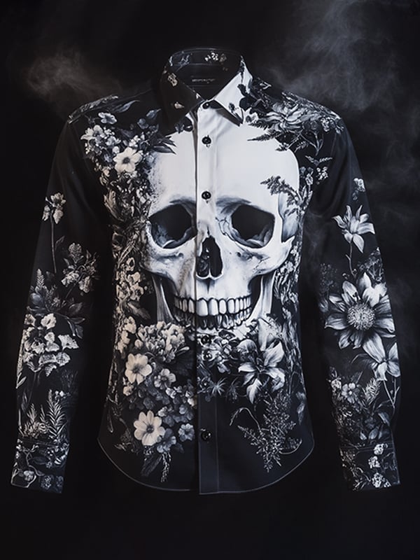 Men's Outdoor Vintage Skull and Floral Long Sleeve Shirt