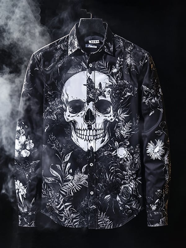 Men's Outdoor Vintage Skull and Floral Long Sleeve Shirt