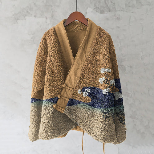 Floral Flow Japanese Splicing Art Cozy Fleece Kimono Cardigan