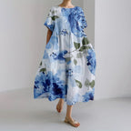 Floral Print Round Neck Short Sleeve Loose Midi Dress