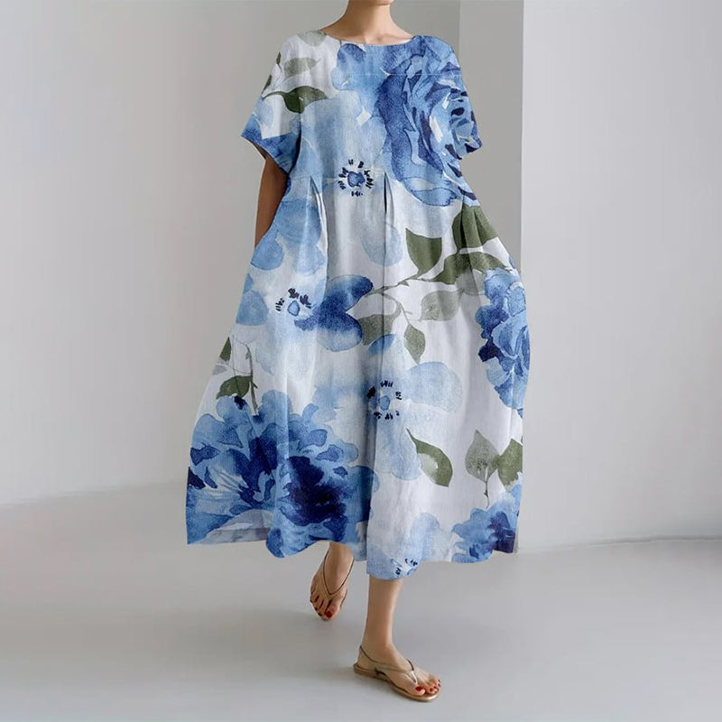 Floral Print Round Neck Short Sleeve Loose Midi Dress