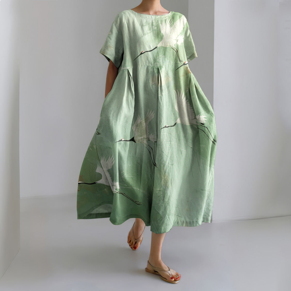 Casual Loose Bird Print Round Neck Short Sleeve Midi Dress