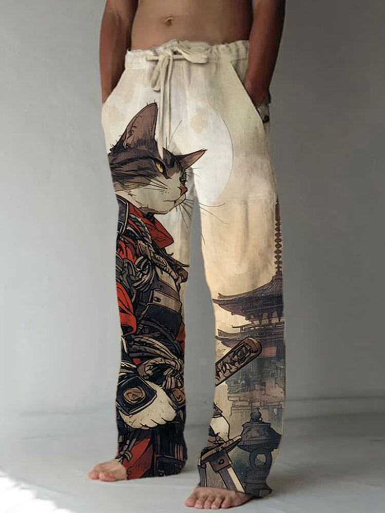 Men's Cat Warrior Guard with Knife Art Print Linen Blend Casual Pants