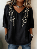 Women's Retro Floral Embroidered Cotton Linen V-Neck Blouse