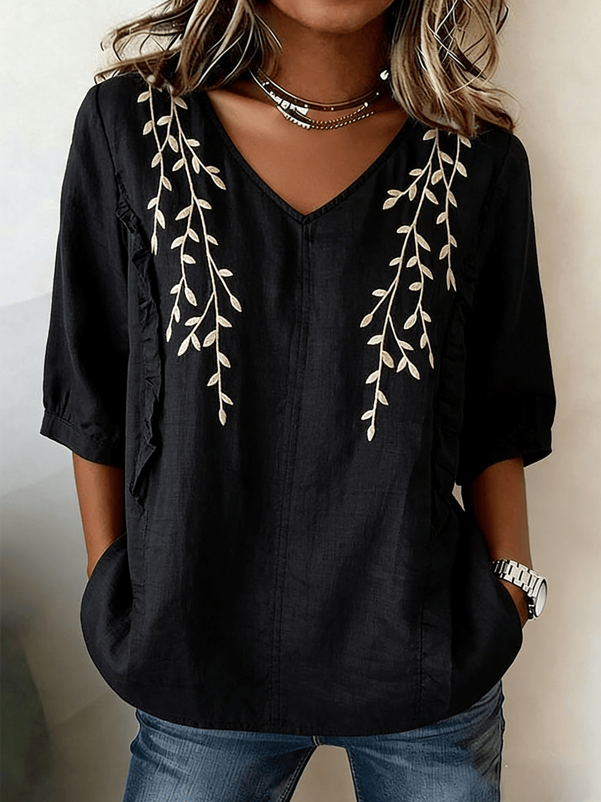 Women's Retro Floral Embroidered Cotton Linen V-Neck Blouse
