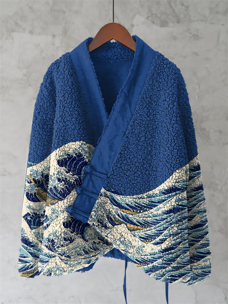 Japanese Sea Wave Lino Art Cozy Fleece Kimono Cardigan