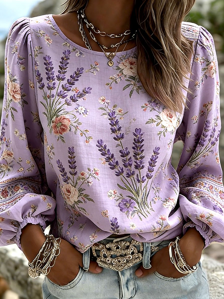 Women's Floral Print Long-Sleeve Linen-Blend Shirt with Round Neck