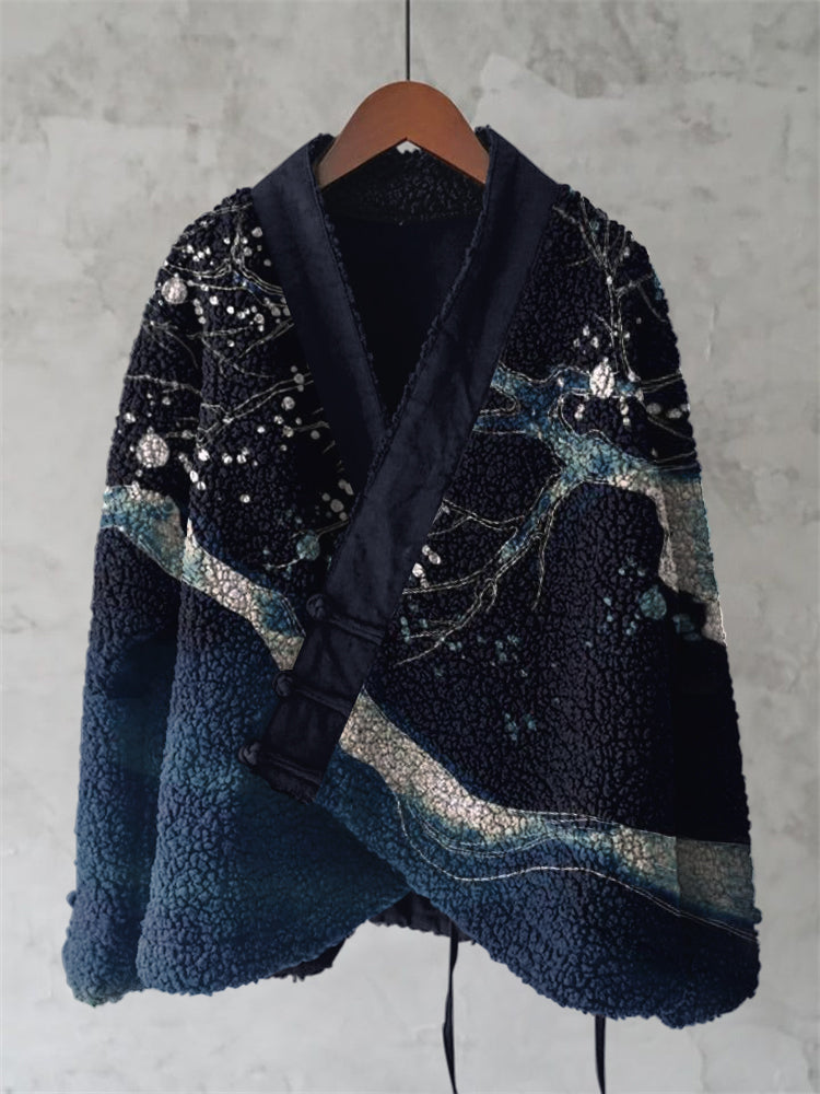 Vintage Cherry Blossom Branch In Night Japanese Art Cozy Fleece Kimono Cardigan