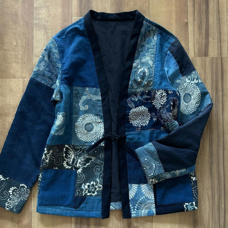 Indigo Patchwork Japanese Art Floral Pattern Kimono Cardigan