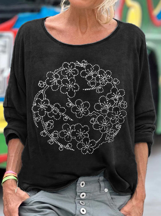 Cherry Blossom Japanese Embroidery Art Washed T Shirt