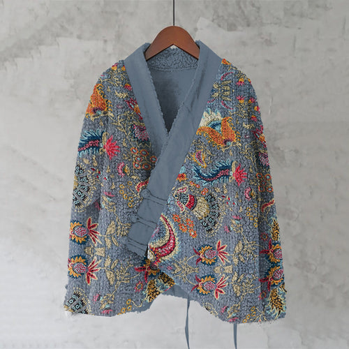 Japanese Embroidery Flower Art Cozy Fleece Kimono Cardigan