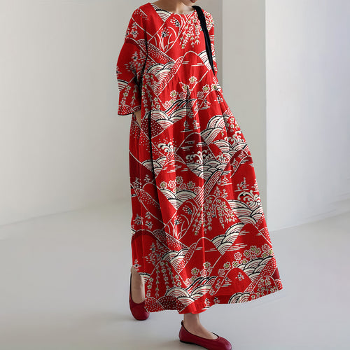 Japanese Art Print Casual Midi Dress