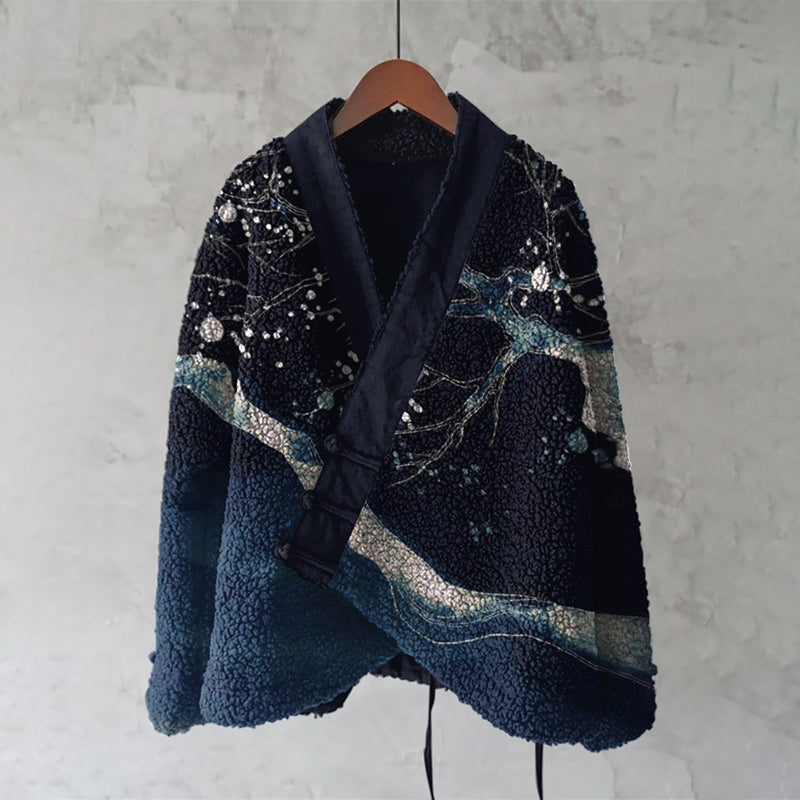 Vintage Cherry Blossom Branch In Night Japanese Art Cozy Fleece Kimono Cardigan