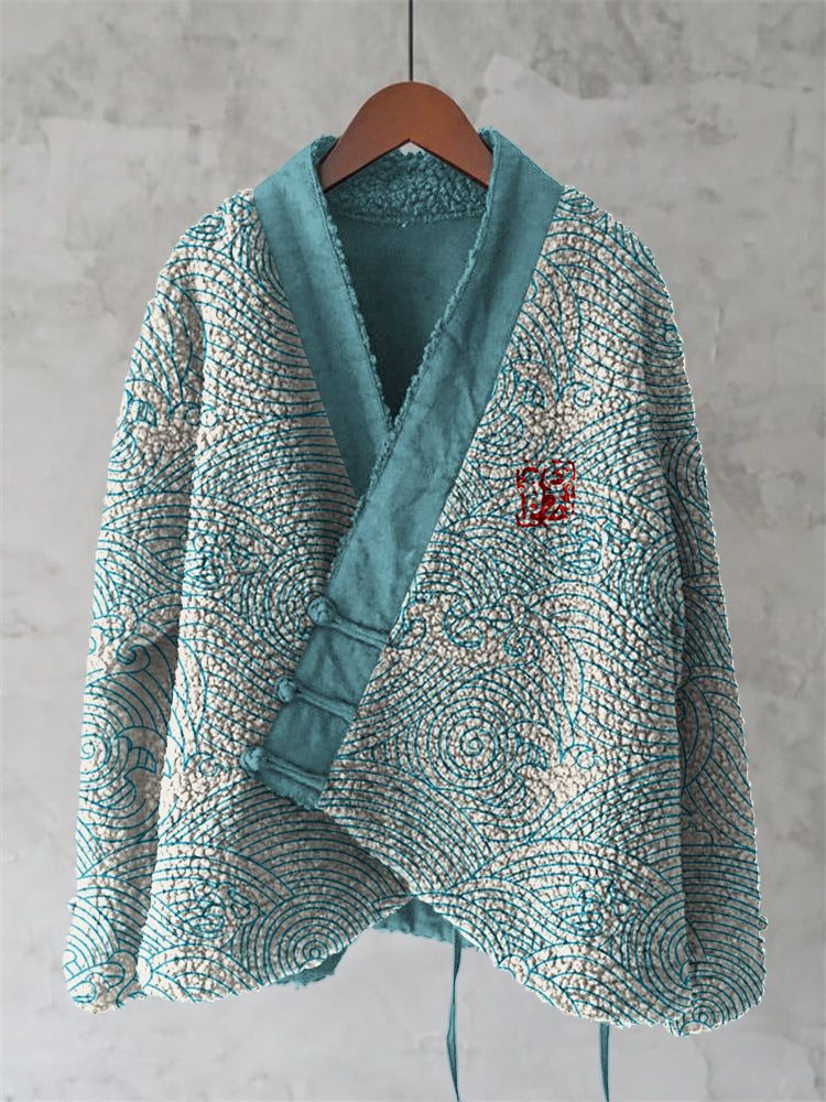 Japanese Wave Art Plush Kimono Cardigan