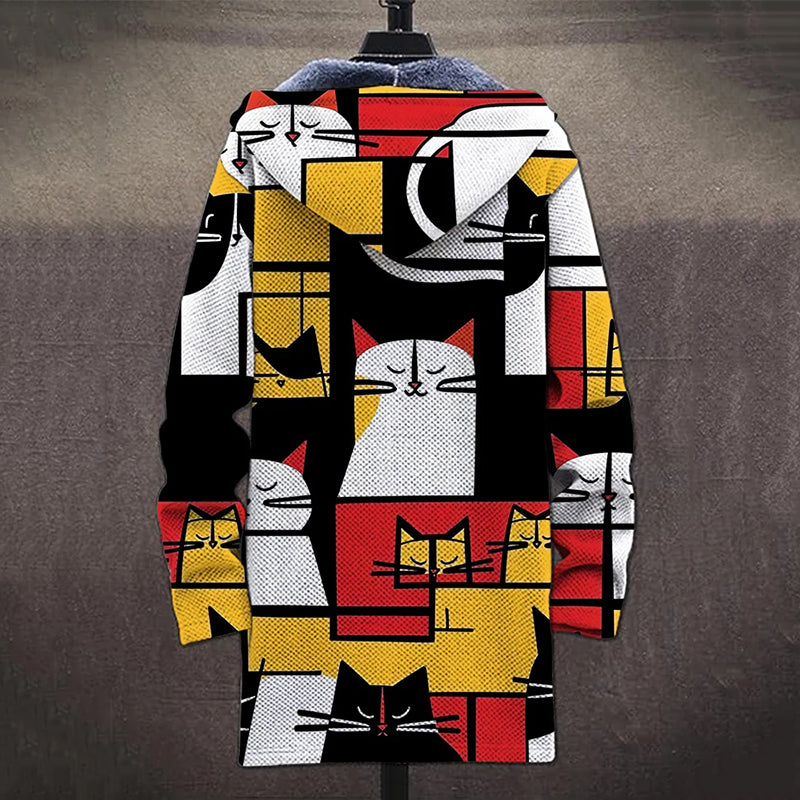 Men'S Abstract Geometric Cat Art Cozy Hooded Cardigan