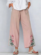 Women's Retro Color Block Floral Cotton Linen Pocket Casual Trousers