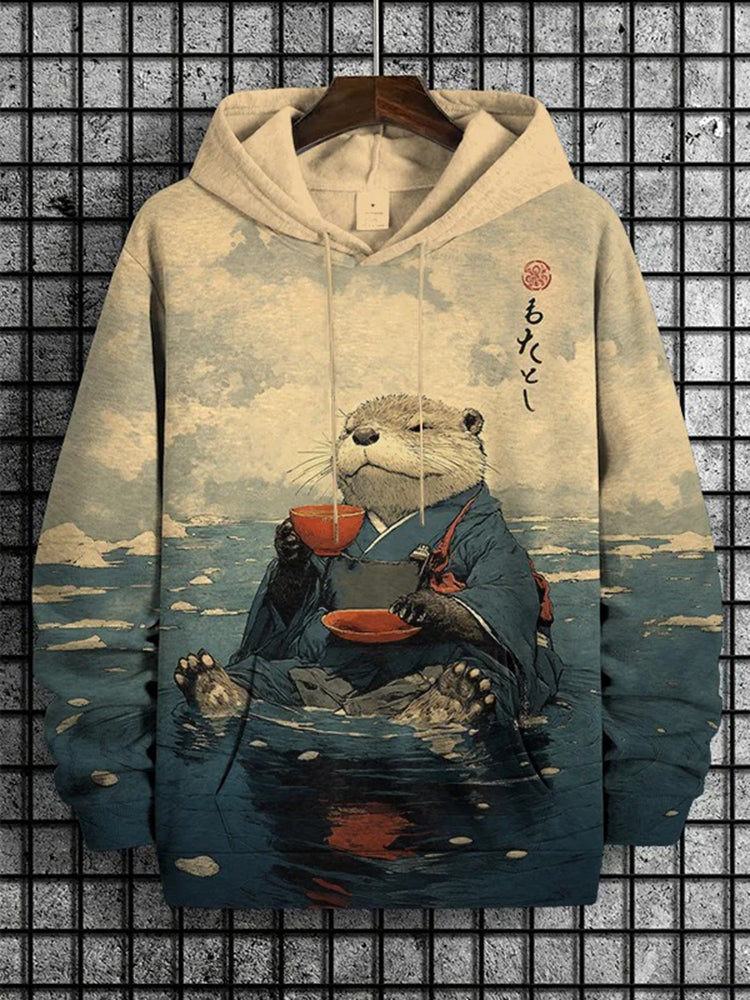 Men's River Kimono Otter Tea Drinking Japanese Art Print Casual Hoodie
