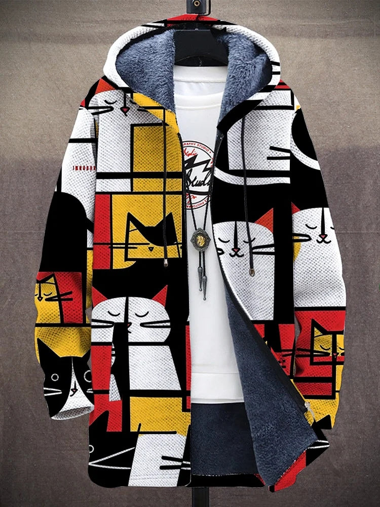 Men'S Abstract Geometric Cat Art Cozy Hooded Cardigan
