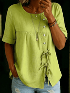Women's Retro Solid Color Button Lace Up Tie Shirt