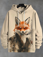 Men's Japanese Art Fox Print Vintage Hooded Sweatshirt