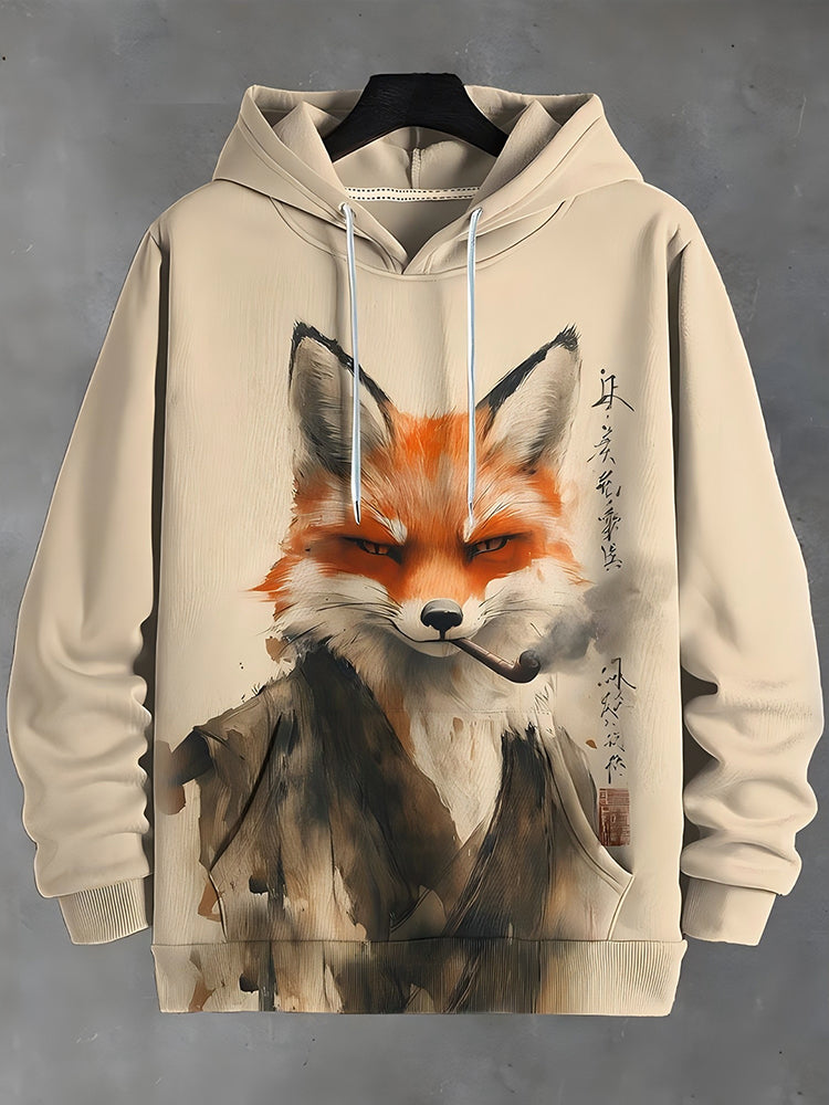Men's Japanese Art Fox Print Vintage Hooded Sweatshirt