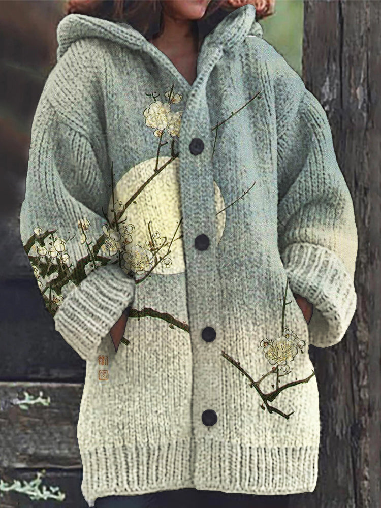 Plum Blossom Full Moon Japanese Art Cozy Hooded Cardigan