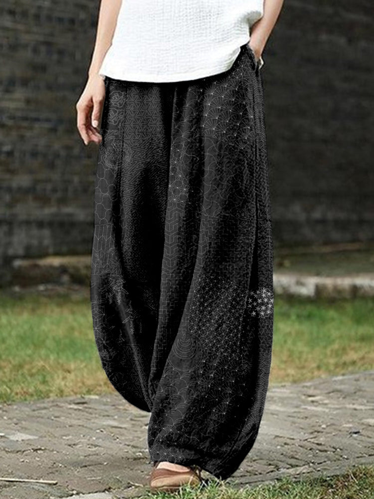 Japanese Traditional Sashiko Art Linen Blend Casual Pants