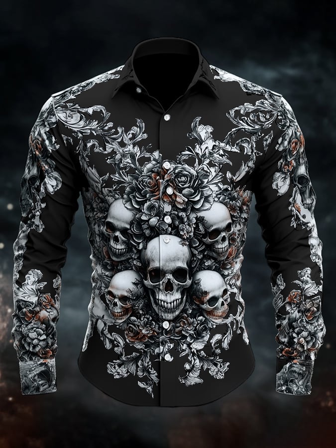 Men's Casual Vintage Brogue Skull Pattern Shirt