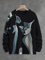 Men'S Abstract Geometric Cat Art Print Knit Sweatshirt