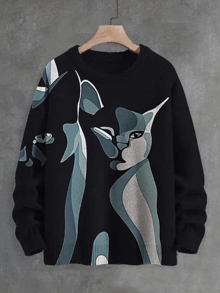 Men'S Abstract Geometric Cat Art Print Knit Sweatshirt