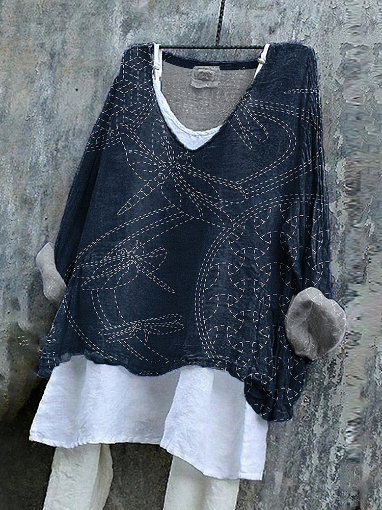 Japanese Traditional Art Embroidered Linen Blend Flowy Tunic