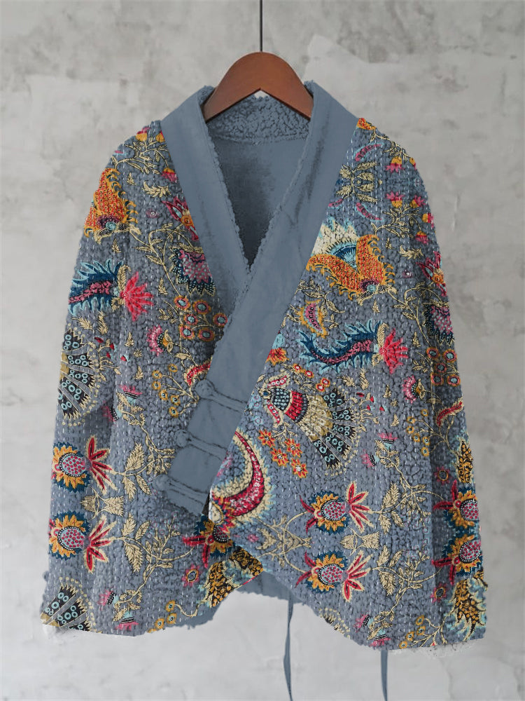 Japanese Embroidery Flower Art Cozy Fleece Kimono Cardigan
