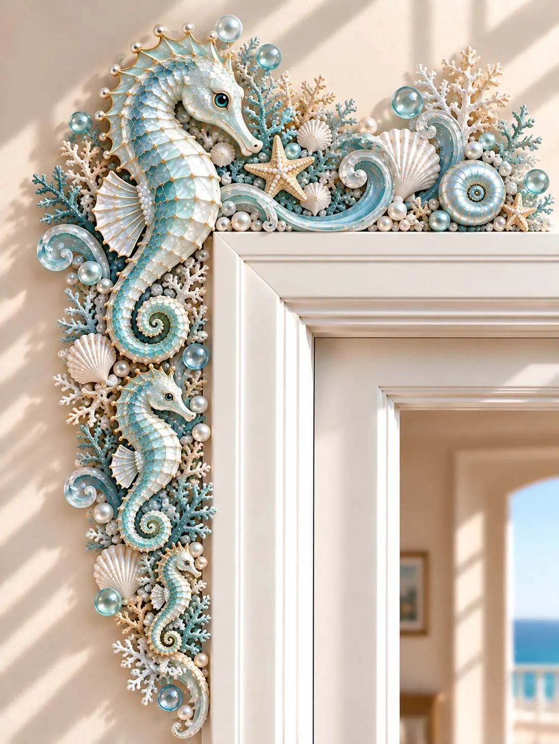 🐚 Nautical Mosaic Sea Horse And Coral Beach Style Door Frame Corner Decor