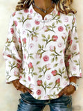 Women's Retro Floral Art Print Stand Collar Shirt