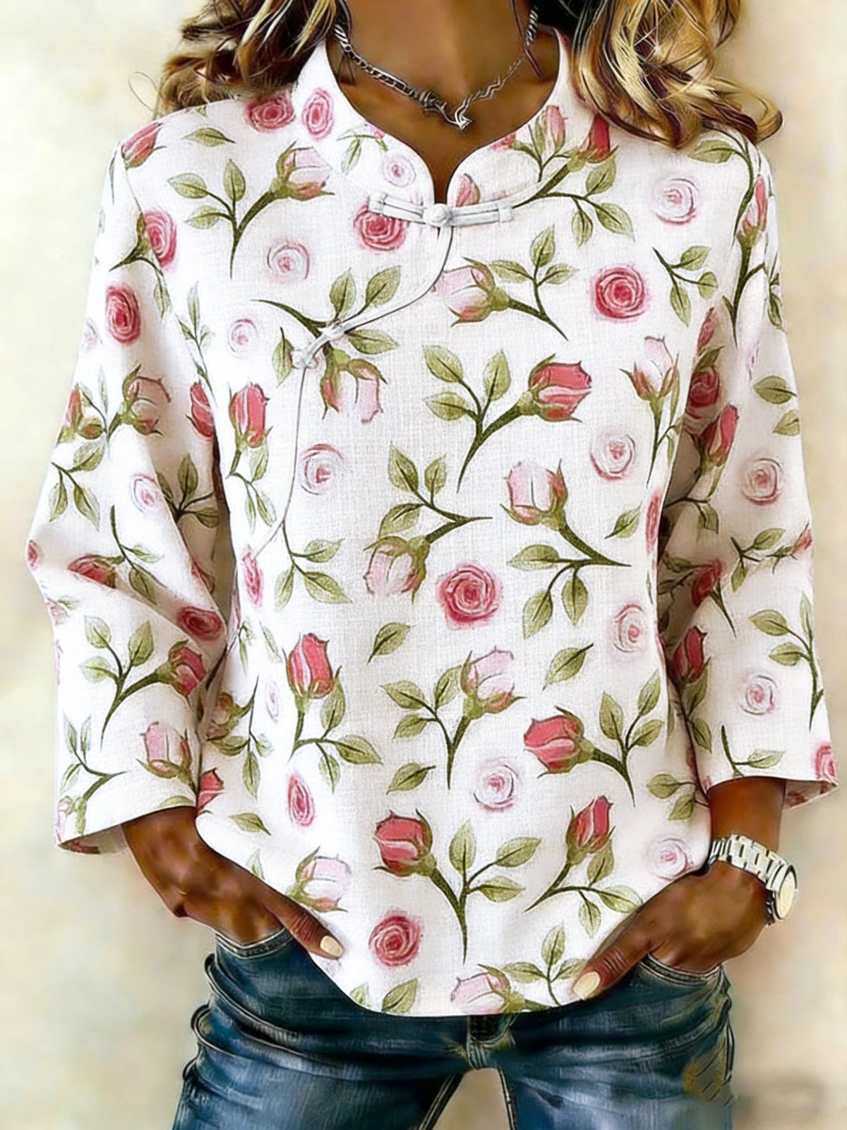 Women's Retro Floral Art Print Stand Collar Shirt