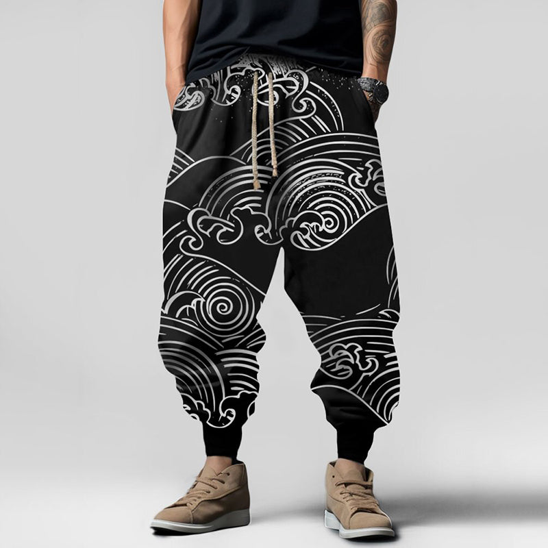 Vintage Japanese Wave Art Print Pattern Casual Loose Drawstring Waist Sweatpants