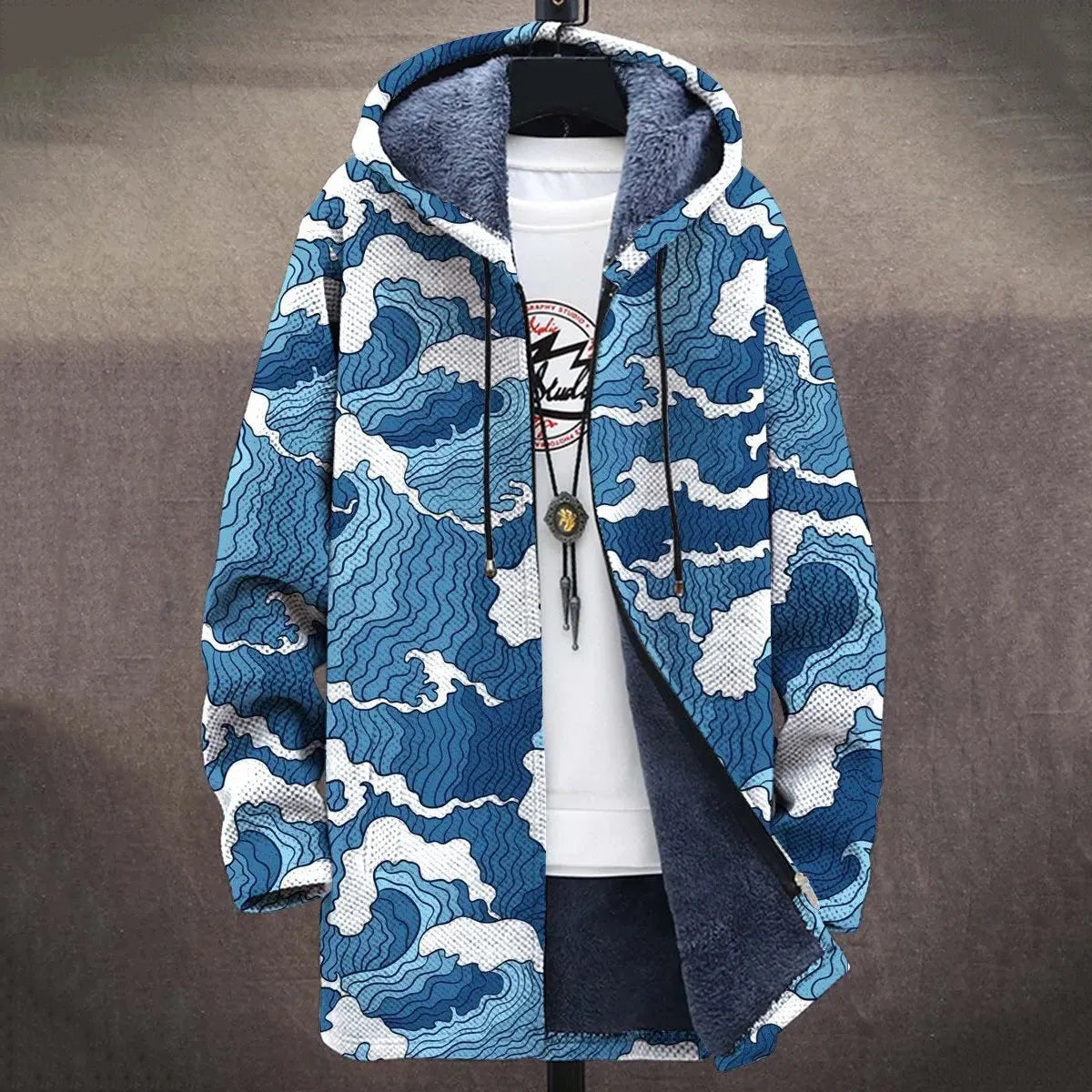 Retro Waves Print Long Sleeve Hooded Cardigan Jacket