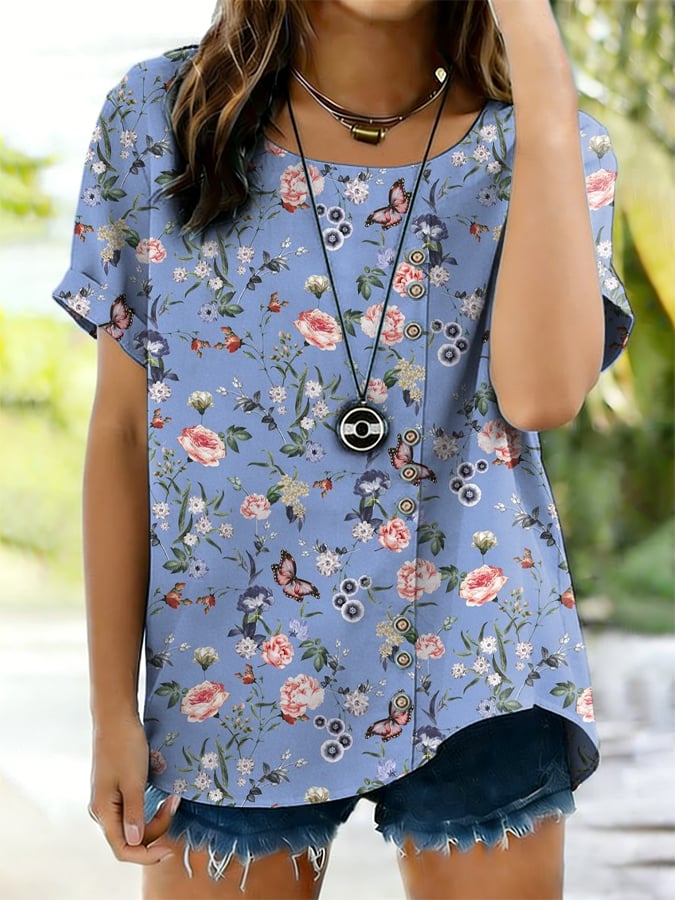 Women's Retro Botanical Flower Print Button Design Shirt