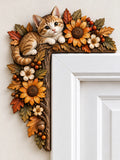 Autumn Cat Door Corner Decor – Wooden Harvest Floral Door Frame Topper