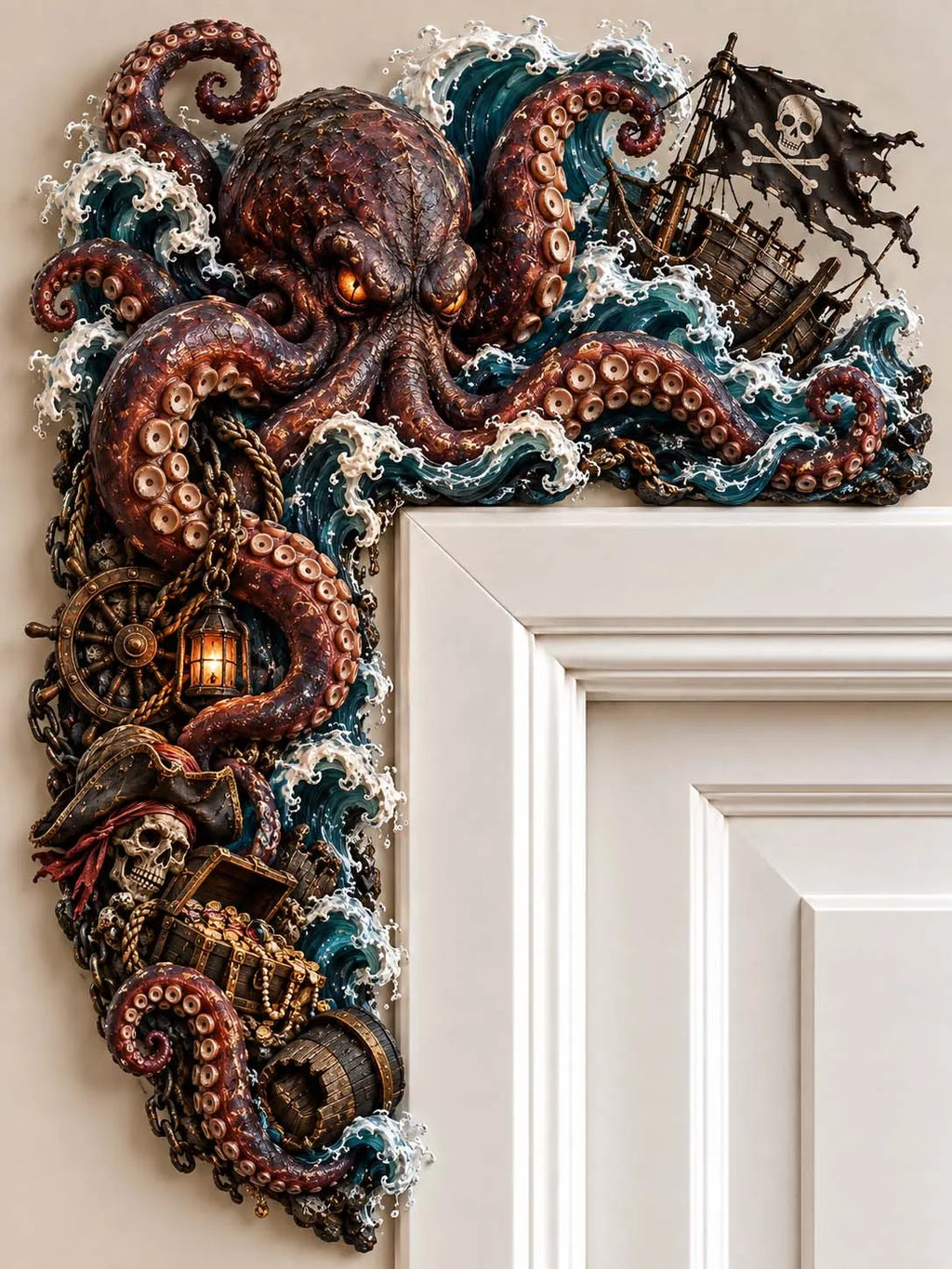 🐙 Giant Kraken Octopus and Pirate Ship Door Corner Decor